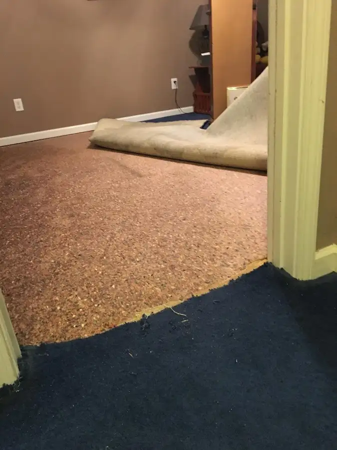 Carpet pad removal revealing water damage during Drying & Dehumidification in Highland